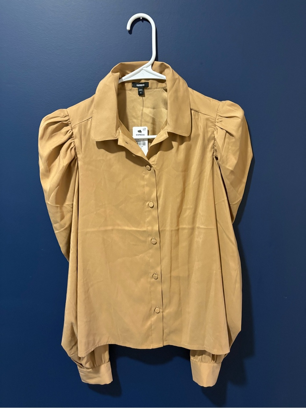 Express Camel Puff-Sleeve Button-Down Shirt
